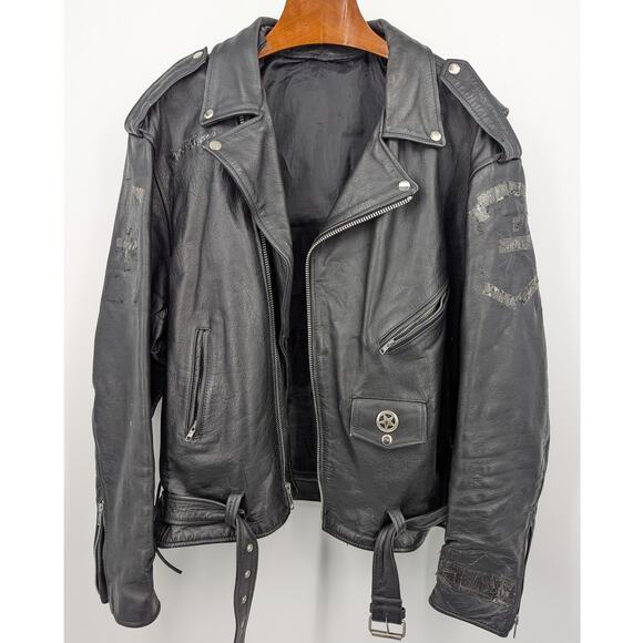 Vintage Distressed Black Genuine Leather 80s Biker Motorcycle Jacket YKK Zippers